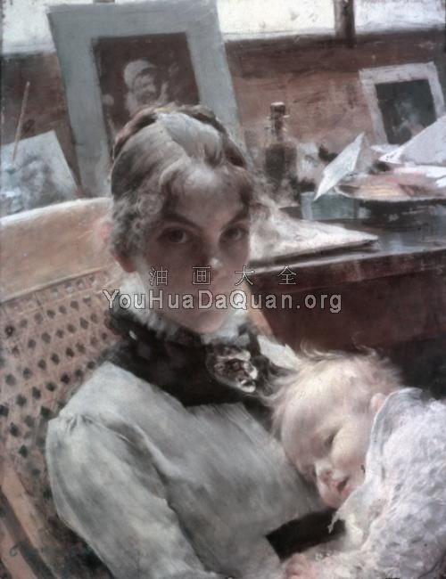A studio idyll. The artist's wife with daughter Suzanne - 卡尔·拉尔森